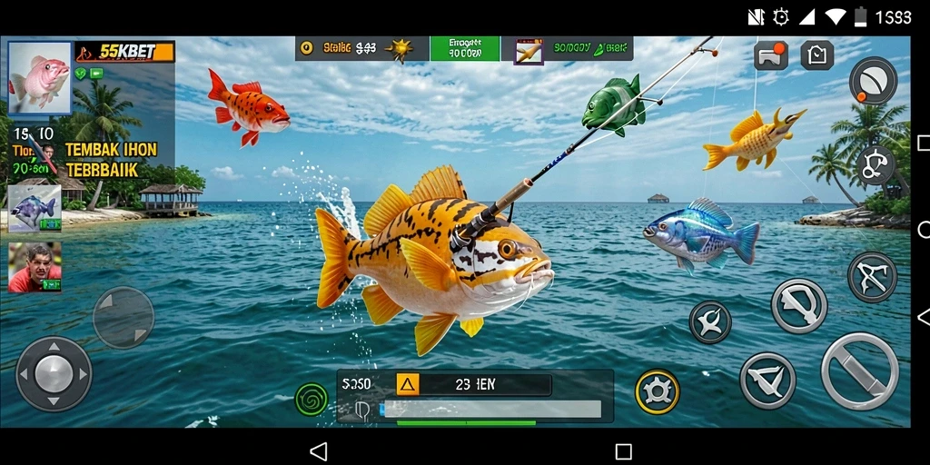 Tampilan gameplay 55KBET menampilkan aksi menembak ikan yang seru.