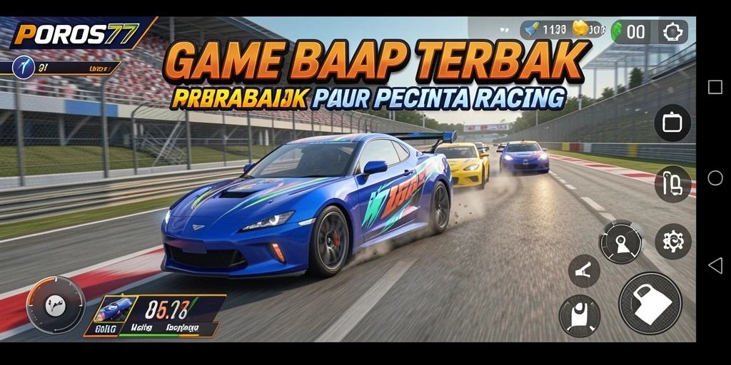 Tampilan gameplay POROS77 dengan mobil balap yang melaju cepat di lintasan.