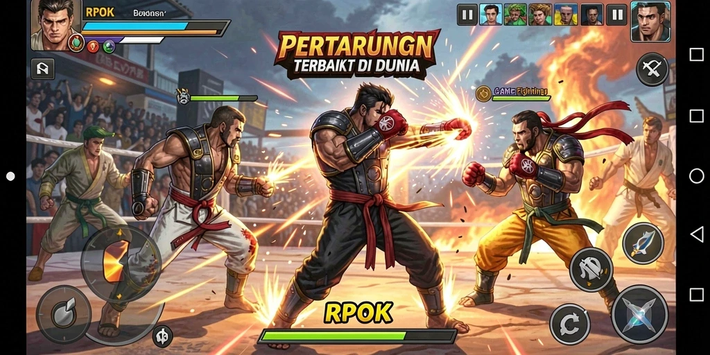 Screenshot utama RPOK menampilkan karakter bertarung dengan grafis tinggi.