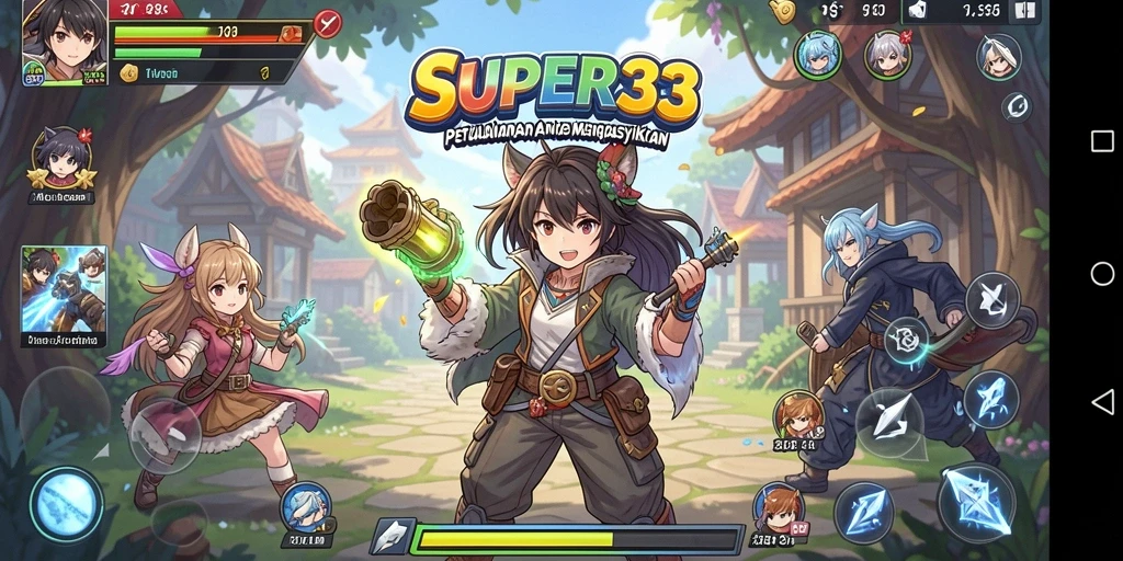Tangkapan layar menunjukkan karakter anime dengan aksi seru dalam gameplay.