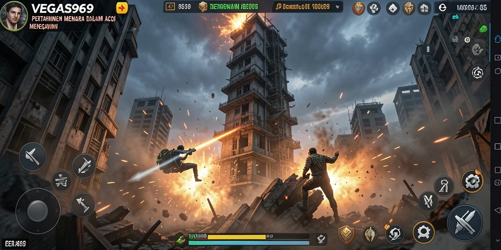 Tampilan gameplay menegangkan dari VEGAS969 dalam pertempuran Tower Defense.